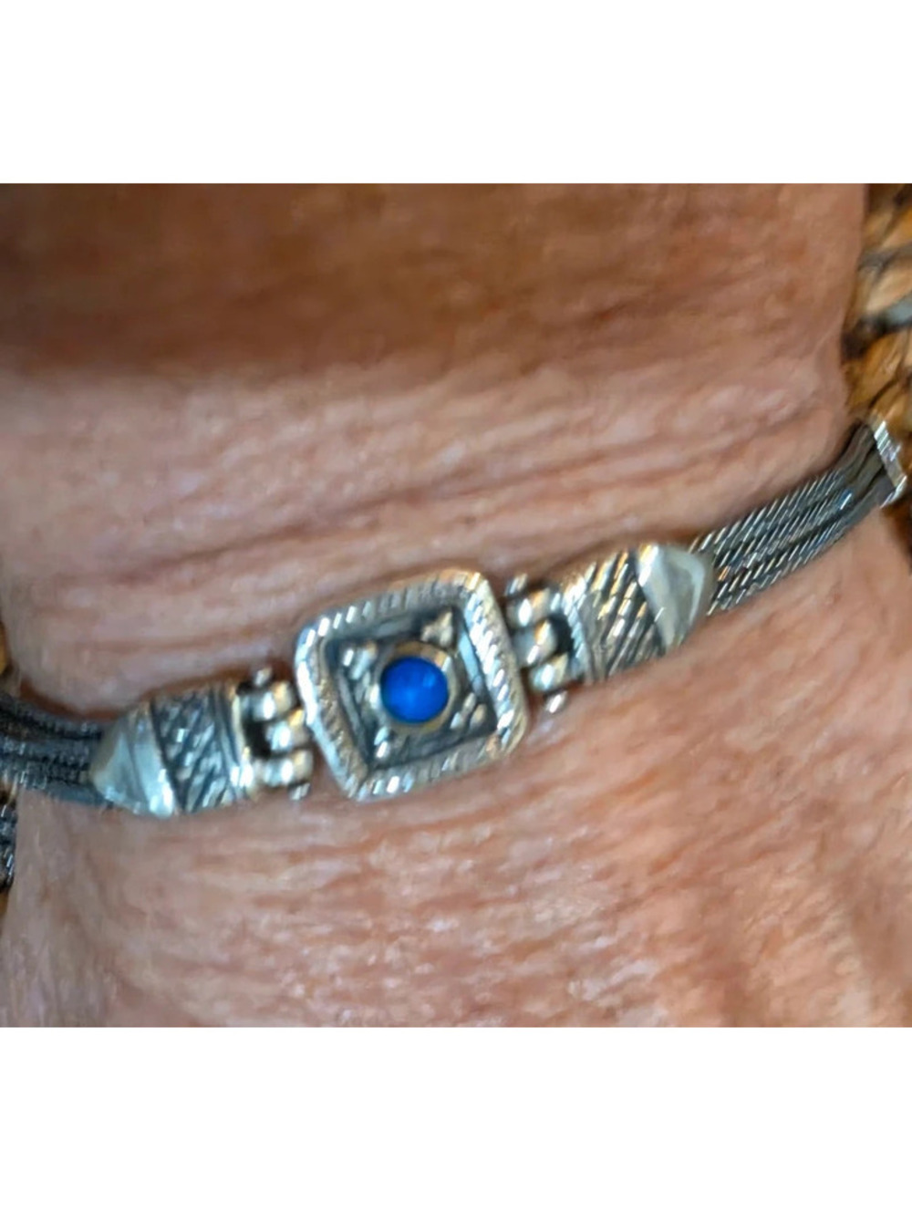 Vintage 925 Sterling Silver Woven Mesh Multi-Strand Bracelet Blue Stone Accent